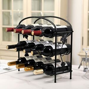 3 Tier Modern Grapevine Design Black Freestanding 12 Bottle Metal Wine Rack