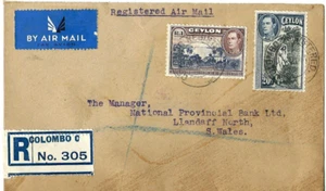 WWII Registered AirMail Cover R1+20c Both Perfin MBI (many blind perfs) ID India - Picture 1 of 2