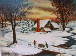 Christmas Winter Country House Scene, Children with Sled dog - Bild 1 von 1
