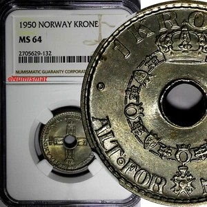 Norway Haakon VII Copper-Nickel 1950 1 Krone NGC MS64 NICE TONED KM# 385 (132) - Picture 1 of 4