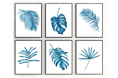 Impresiones de hojas tropicales azules, arte de pared verde, arte botánico de pared, decoración del hogar Foto 1 de 4
