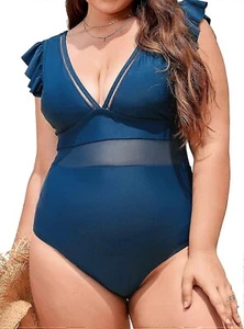 Cupshe Women Swimsuit One Piece Bathing Suit Deep V Neck Plus 1X Blue NEW - Picture 1 of 7