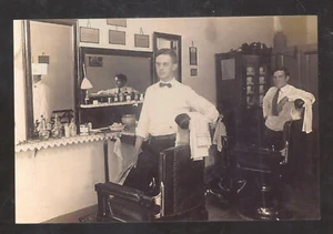 REAL PHOTO BARBERSHOP INTERIOR BARBER'S CHAIR BARBER SHAVE POSTCARD COPY - Picture 1 of 1