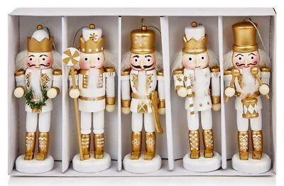 Christmas Nutcracker Tree Decorations Premier Pack Of 5 White & Gold Nutcrackers - Image 1 of 4