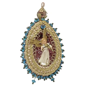 Vintage Push Pin Diorama Christmas Ornament Angel With Violin Pink Blue Gold - Picture 1 of 10