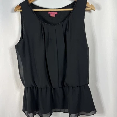 Sunny Leight Black Sheer Pleated Sleeveless Comfy Blouse OfficeSize Large - Image 1 of 4