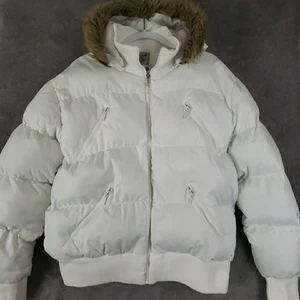 Apollo White Puffer Coat Jacket Womens 2X Faux Fur Trim Hood 4 Pockets Winter - Picture 1 of 22