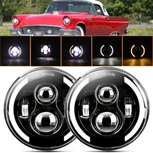 Pair 7" Round LED Headlights H4 Hi-Lo Angel Eyes For Ford Thunderbird 1955-1957 - Picture 1 of 11
