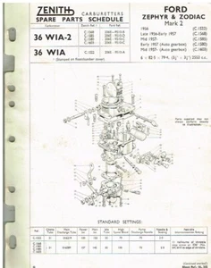 FORD ZEPHYR Mk2 & ZODIAC Mk2 1956-58 ZENITH CARB SERVICE BULLETIN/PARTS LIST - Picture 1 of 1