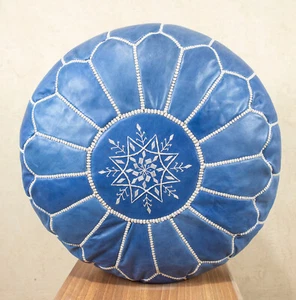 Blue Moroccan ottoman pouf Handmade Moroccan leather floor cushion - Picture 1 of 12