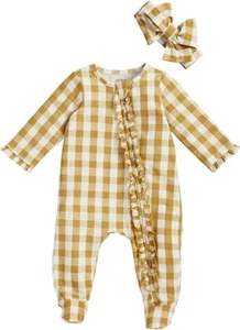 New Mud Pie Baby Girl Sleeper & Headband 0-3 mos. MUSTARD GINGHAM Shower gift - Picture 1 of 2