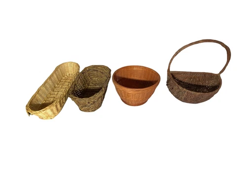 Vintage Lot Of 4 Woven Wicker Baskets Bowl Boho Farmhouse Rustic MINI SMALL Cover