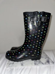Merona Women's Size 8 Polka Dot Boots Rain Boot Ladies Rubber Mid-calf Black - Picture 1 of 5