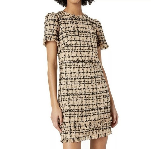 Abito Kate Spade in tweed testurizzato con frange accenti linea A marrone nero taglia 4