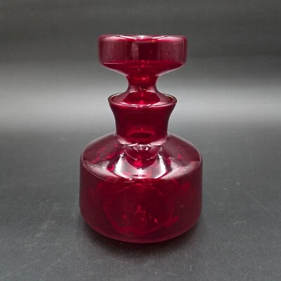 Vintage Scandinavian Red Glass Bottle Decanter With Stopper MCM 1970s 6.5" tall - Image 1 of 4
