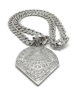 ICED BLACK PYRAMID CHRIS BROWN PENDANT CUBAN LINK CHAIN NECKLACE SILVER HIP HOP 