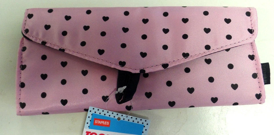 Staples Teen Vogue Pencil Pouch W/Snap Closure Pink W/ Brown Hearts & Dots