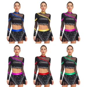 Women Dancing With Skirt Costume Rhinestone Cheer Leader Party 2 Piece A-line - Picture 1 of 85