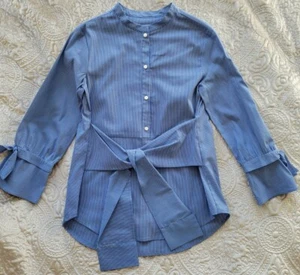 Zara Blue Striped Belted Shirt Tunic Blouse Top Sz 8 NWT - Picture 1 of 6