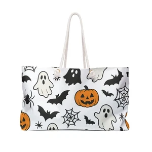 Halloween Pumpkin Ghost Bat Spider Web Pattern Tote Bag, Spooky Trick or Treat - Picture 1 of 6