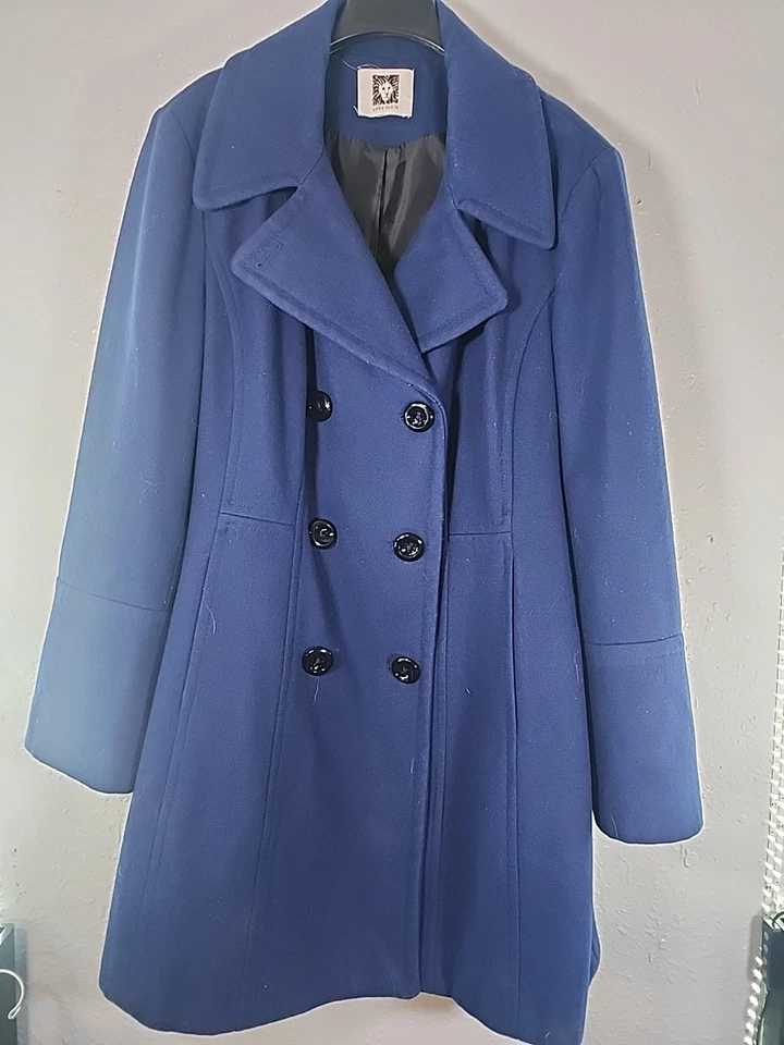 ANNE KLEIN Chaquetón Grande Mezcla Lana Azul Real Cuello Muescas Doble Pecho Foto 1 de 4