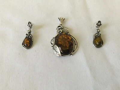 Colgante y pendientes a juego de plata esterlina ámbar báltico estilo Art Nouveau de colección Foto 1 de 4