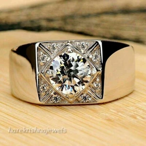 2.51CT Lab-Created Round Cut Diamond Men's Engagement Ring 14K White Gold Finish - Picture 1 of 5