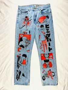 Pantalones de mezclilla Akira Secret Heart raros hechos a mano Kaneda Tetsuo anime Katsuhiro Otomo - Imagen 1 de 11