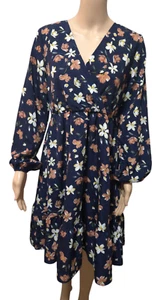 Shein Medium size 6 dark blue floral vneck long sleeve dress women's thin - Picture 1 of 5