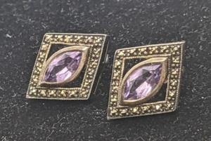 Sterling Silver Earrings Faceted Amethyst and Marcasite Diamond Shaped Studs 925 - Picture 1 of 10