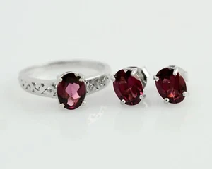 Natural Rhodolite Garnet Gemstone 925 Sterling Silver Ring Earring Jewelry Set - Picture 1 of 8
