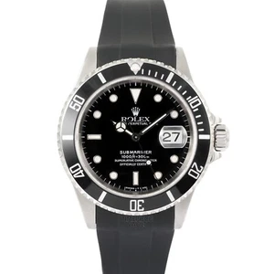 ROLEX MEN SUBMARINER 16610 STEEL DATE 40MM BLACK DIAL BLACK INSERT RUBBER STRAP - Picture 1 of 8
