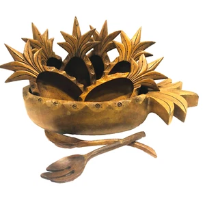 VTG Pineapple Monkey Pod Carved Wood Salad Bowl Set MCM Signed 9 PC USA - Picture 1 of 13