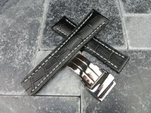 22mm Leather Strap Black Watch Band Deployment Buckle Set for BREITLING WH - Picture 1 of 7