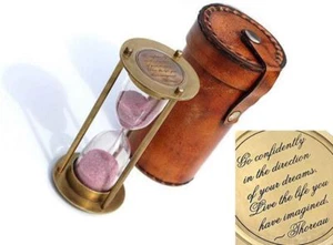 Maritime Messing Sanduhr Sanduhr Timer mit Gedicht an den Seiten geschnitzt Lederetui - Bild 1 von 6