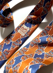 HERMES VINTAGE INITIAL H ARTISTIC TIE LOZENGE GRIDS HIGH END FRANCE BLUE ORANGE - Picture 1 of 15
