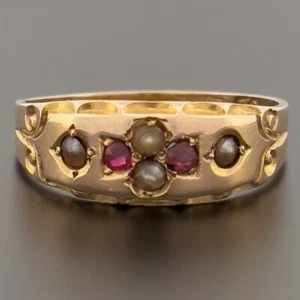 Vintage 15ct Yellow Gold Ruby & Pearl Cluster Ring Size P Hallmarked - Picture 1 of 8