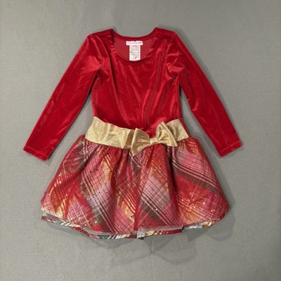 Bonnie Jean Dress Girl 5 Red Velvet Gold Plaid Bow Holiday Christmas Party Tulle - Image 1 of 4