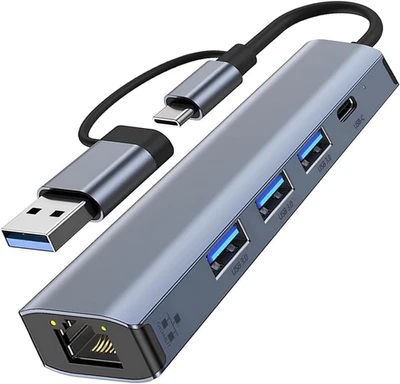 5 in 2 Adattatore USB Ethernet Gigabit RJ45, Hub Ethernet LAN Con 3 Porte USB 3. - Immagine 1 di 4