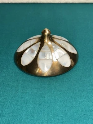 Vintage Brass Circular Mother Of Pearl Inlay Trinket Storage Box Lid  Only 4” - Image 1 of 4