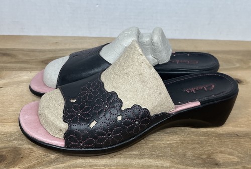 Scarpe sandali donna Clarks pelle punta aperta zeppa slide taglia 7 5 margherita floreale