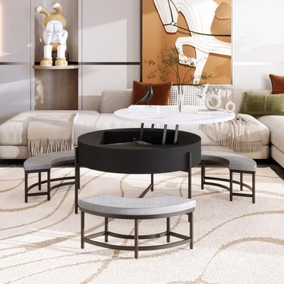 Modern Round Lift Top Coffee Table with Storage 3 Ottoman White and Black - Image 1 of 4