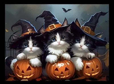 HANDMADE Halloween Kitten Trio Witch Hat Pumpkin Jack O Lantern Trick Treat Fridge MAGNET