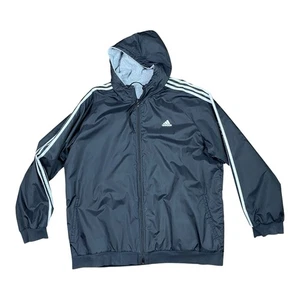 Adidas Reversible Windbreaker Hooded Jacket Men 2XL Black Grey Three Stripe - Picture 1 of 11