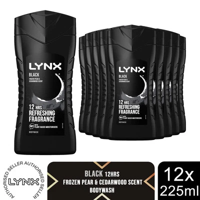 Lynx Black 12-H Refreshing Fragrance Shower Gel Body Wash for Men 12x225ml