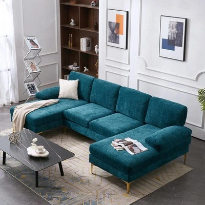 FCH 4 Seat Modern Sectional Sofa Set with 2 Chaise Living Room Chenille U-Shape - Image 1 of 4