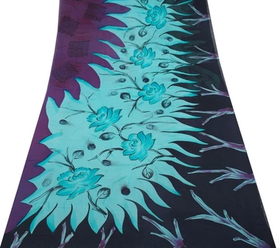 Sushila Vintage Floral Saree 100%Pure Georgette Silk Printed Indian Craft Fabric - Image 1 of 4