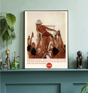 Framed 1963 Coke Coca-Cola Sexy female Lifeguard Vintage Restored Magazine Ad - Picture 1 of 1