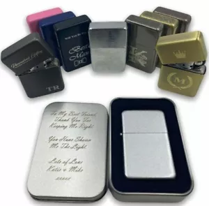 Personalised Engraved Lighter Any Logo Any Text Metal Flip Refillable & Gift Tin - Foto 1 di 9