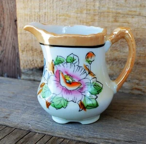 VTG 5oz Hand Painted Creamer w Handle Pink Flower Peach Lustreware Made Japan - Picture 1 of 12
